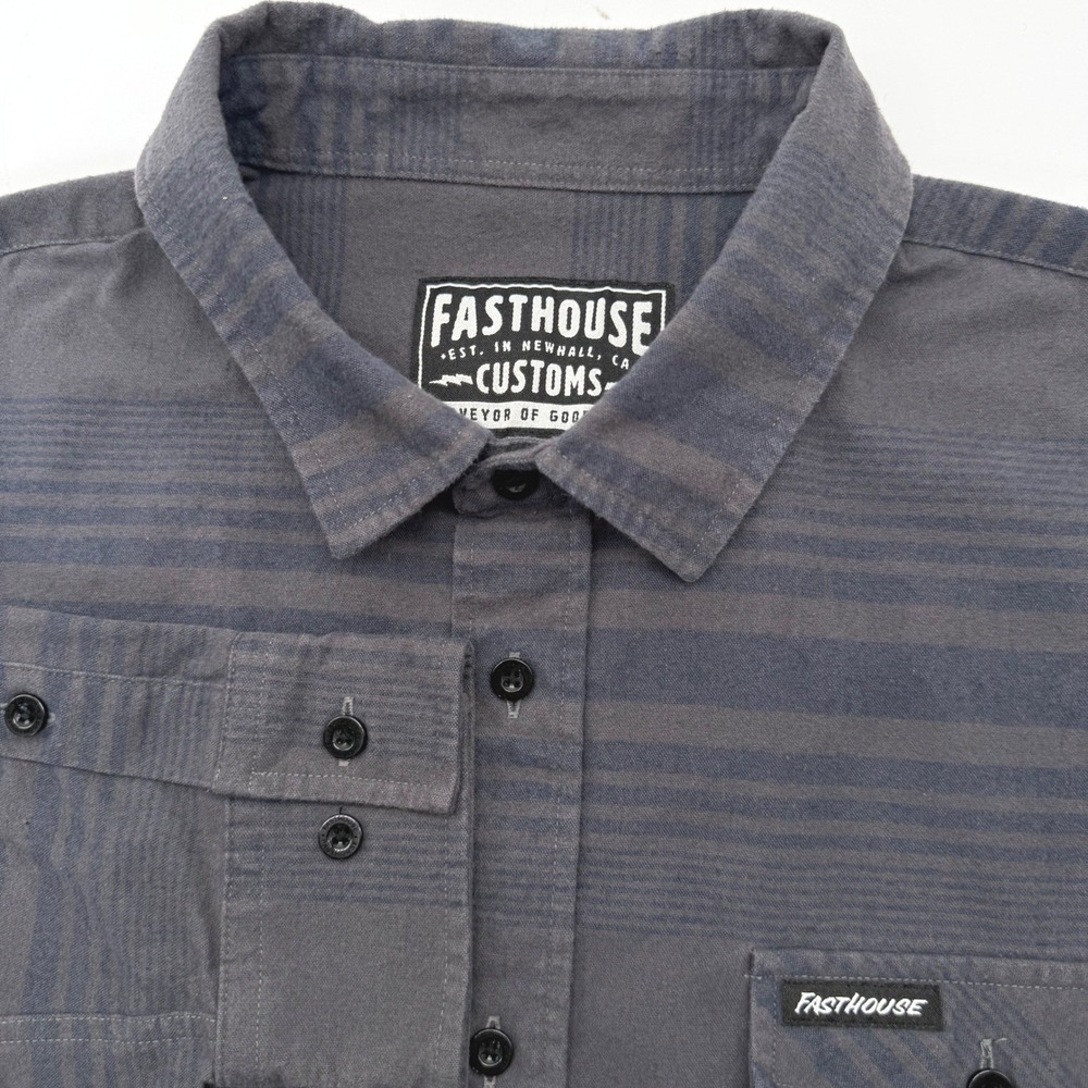 Fasthouse Customs Button Up Shirt Men L Gray Striped Long Sleeve Moto Utility